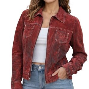 SO Red Distressed Denim
Jacket Size L-Vintage Y2K
Grunge Streetwear Style